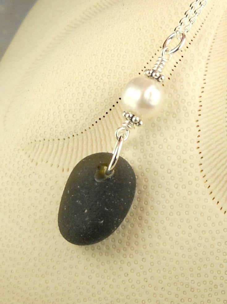 RARE Black Sea Glass Necklace With Pearl Sterling Silver Eco Friendly