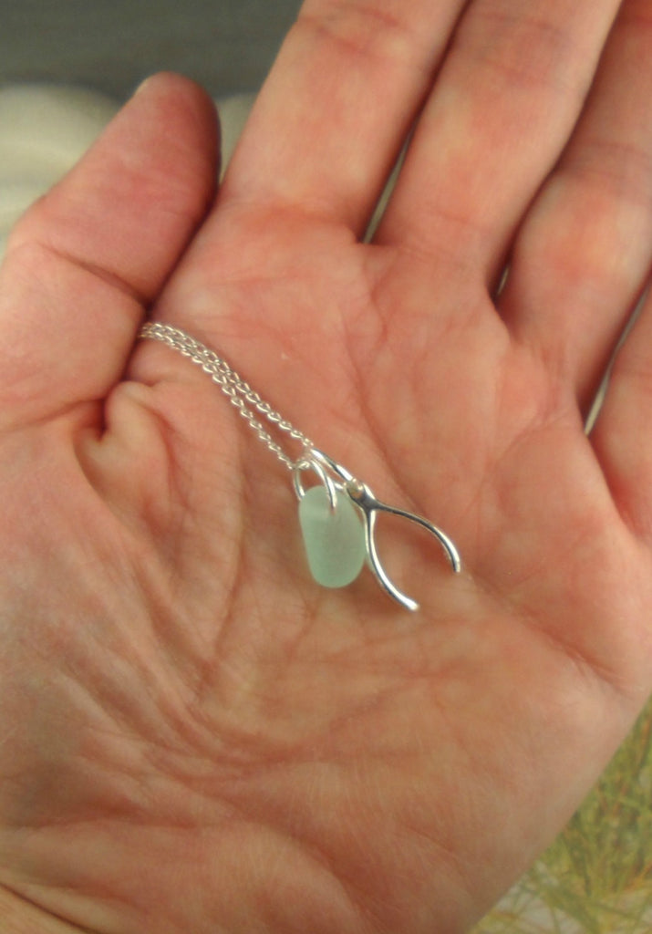 Sterling Silver Wishbone Necklace GENUINE Aqua Sea Glass Jewelry