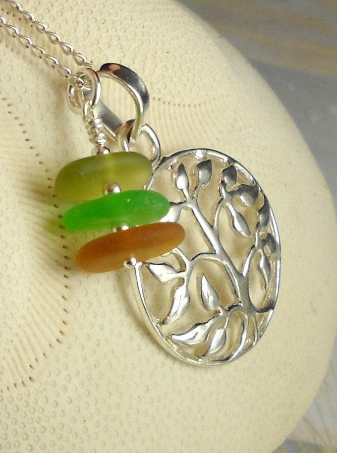 Upcycled Eco Friendly Necklace GENUINE Sea Glass Multi Tree Of Life Necklace