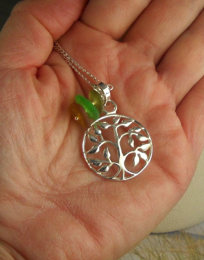 Upcycled Eco Friendly Necklace GENUINE Sea Glass Multi Tree Of Life Necklace