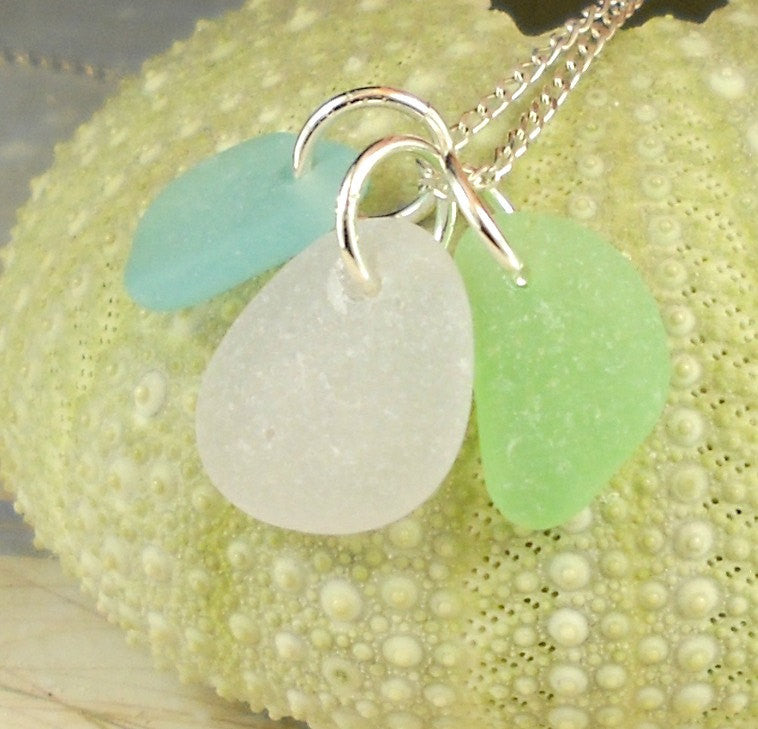 Sea Glass Necklace Trio Amethyst Seafoam Green and Turquoise Rare Pastel Colors