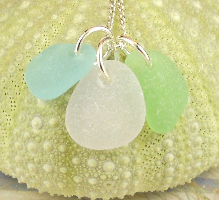 Sea Glass Necklace Trio Amethyst Seafoam Green and Turquoise Rare Pastel Colors
