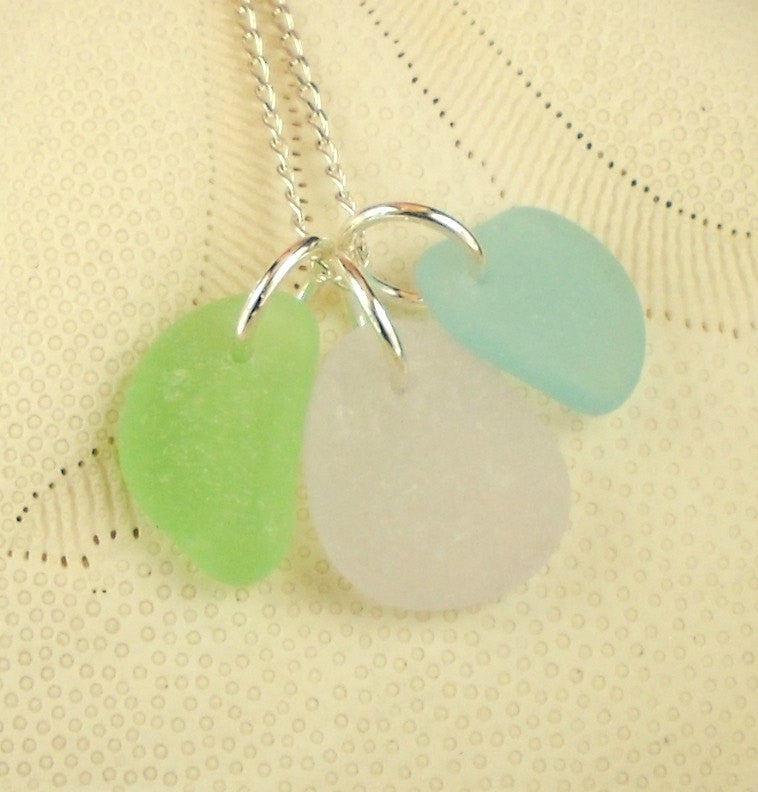 Sea Glass Necklace Trio Amethyst Seafoam Green and Turquoise Rare Pastel Colors