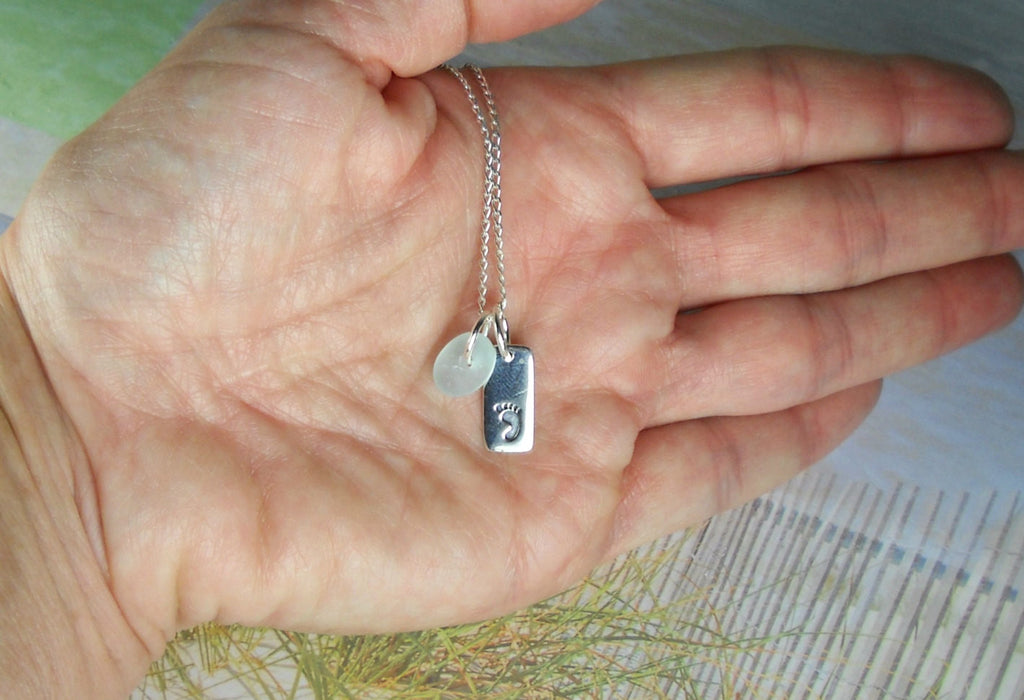 Footprint Necklace Genuine Sea Glass Jewelry Sterling Silver