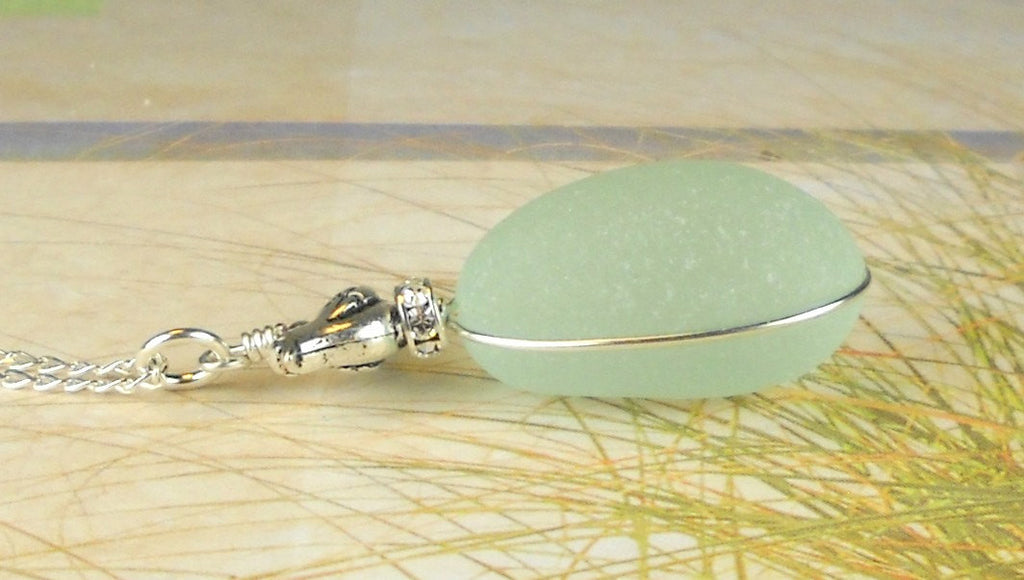 Genuine Sea Glass Jewelry Wire Wrapped Aqua Bird Necklace On Swarovski Crystal Nest
