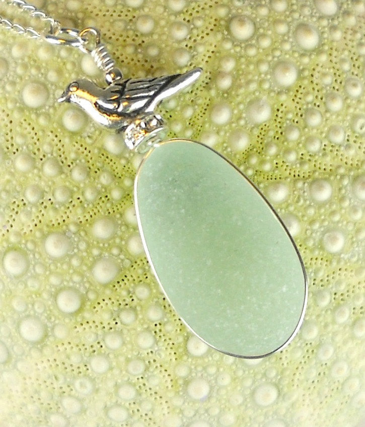 Genuine Sea Glass Jewelry Wire Wrapped Aqua Bird Necklace On Swarovski Crystal Nest