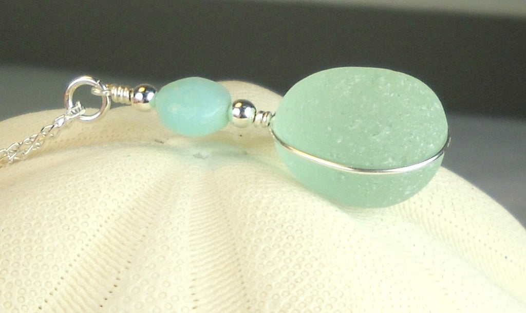 GENUINE Aqua Sea Glass Jewelry Opal Necklace Sterling Silver English Sea Glass Eco Friendly