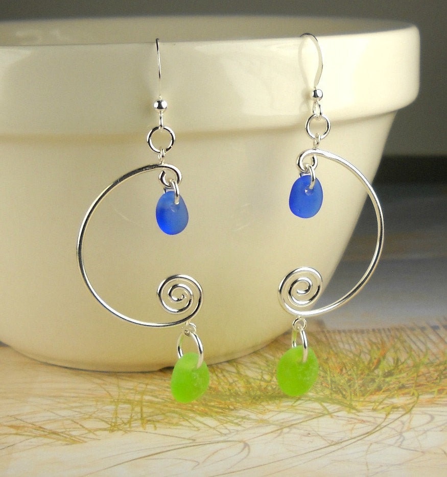 Sea Glass Earrings Sterling Silver Cobalt Blue And Lime Green Eco Friendly