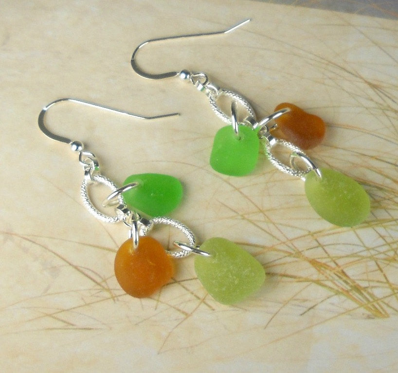 GENUINE Sea Glass Earrings Trio Mini Autumnal Amber Green And Olive