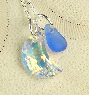 Moon Necklace Genuine Seaglass Jewelry With Blue Beach Glass