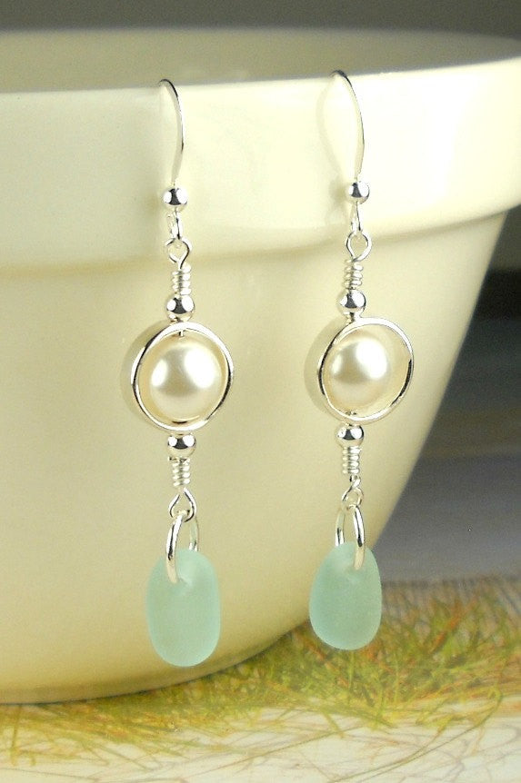 GENUINE Turquoise Sea Glass Earrings Sterling Silver And Pearl Jewelry
