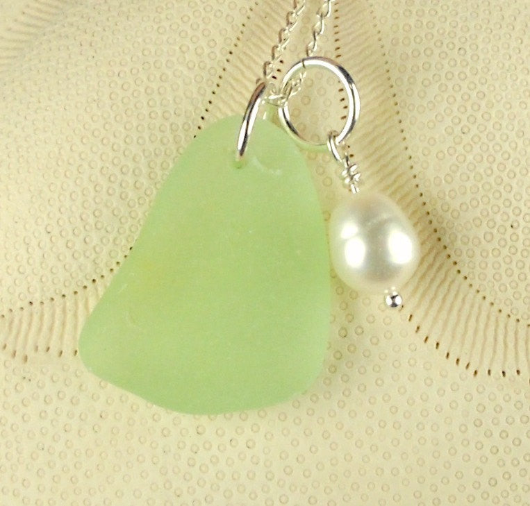 GENUINE Sea Foam Sea Glass Necklace With Wire Wrapped Pearl