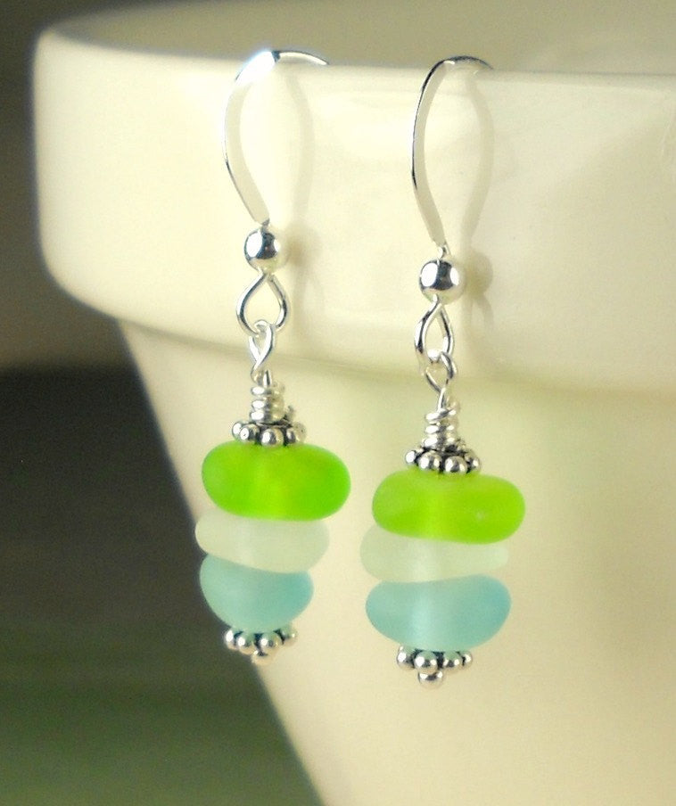 GENUINE Sea Glass Earrings Sterling Silver Lime Green Turquoise