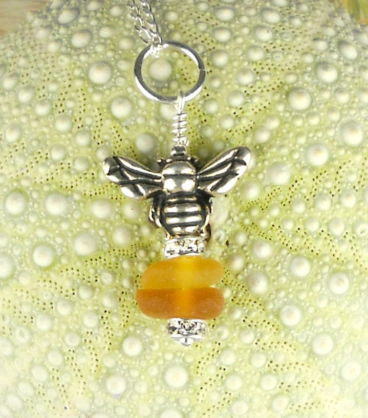 Eco Friendly Bee Jewelry GENUINE Sea Glass Necklace