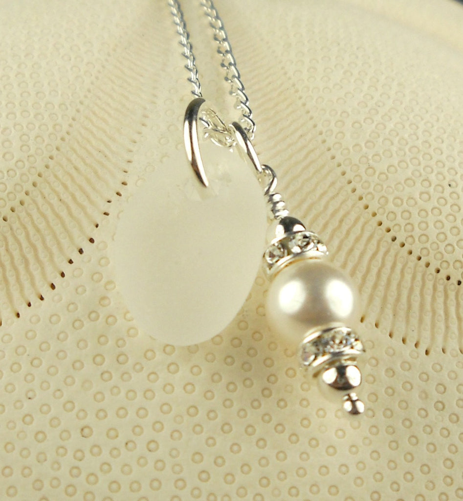 Wedding Jewelry Bright Petite White GENUINE Sea Glass Necklace With Wire Wrapped Pearl