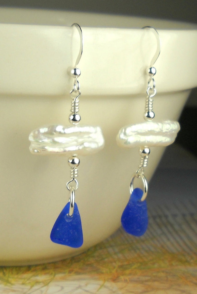Custom GENUINE Cobalt Blue Sea Glass Earrings With Keishi Pearl Jewelry Sterling Silver