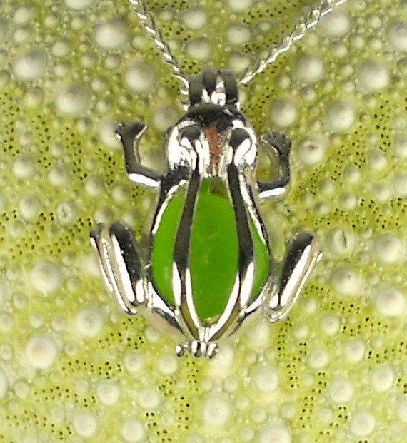 Sterling Silver GENUINE Sea Glass Necklace Green Frog Pendant Locket