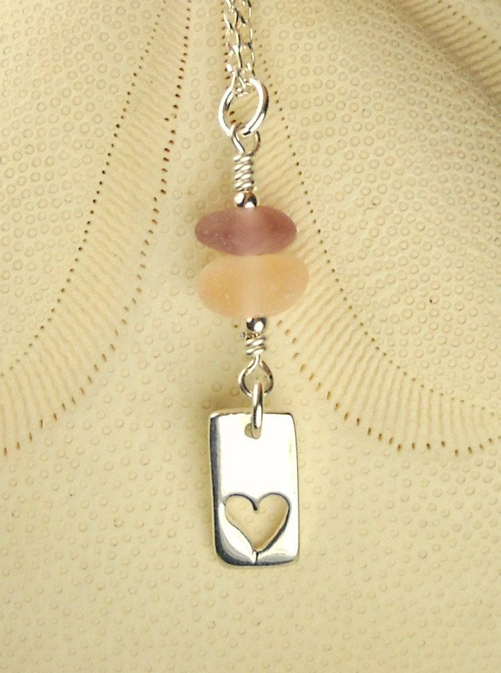 Eco Friendly Sterling Silver Heart Necklace GENUINE Sea Glass Jewelry Pink And Purple