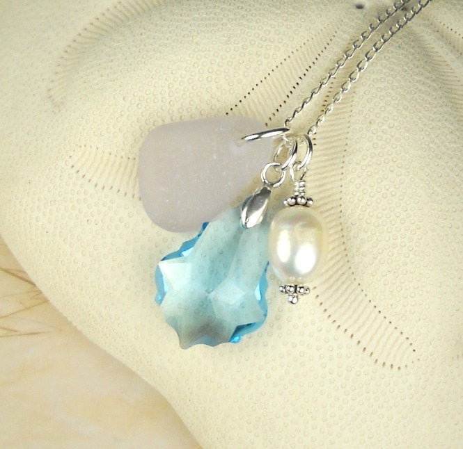 Lavender Sea Glass Necklace Wire Wrapped Freshwater Pearl And Crsytal