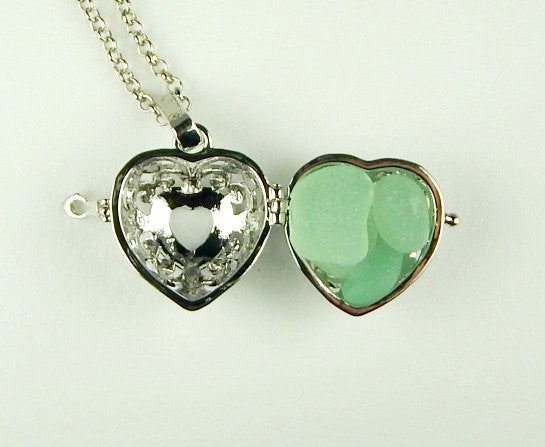 Heart Locket Necklace GENUINE Aqua Sea Glass Jewelry Beach Jewelry On Long Chain