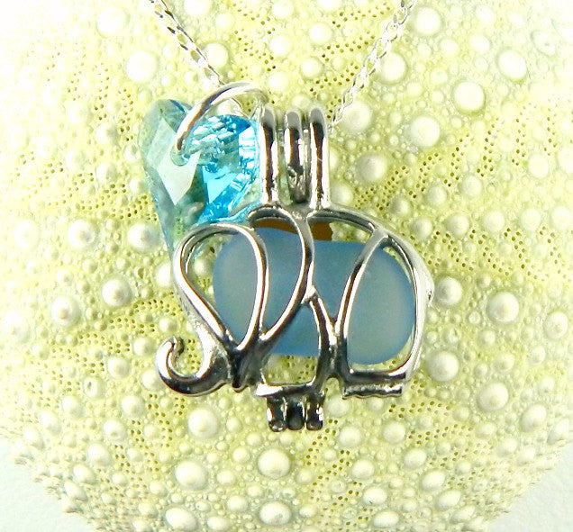 Blue Elephant Locket Jewelry Genuine Sea Glass Necklace With Swarovski Heart