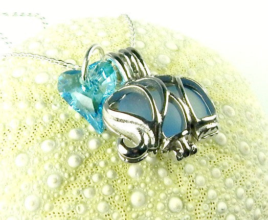 Blue Elephant Locket Jewelry Genuine Sea Glass Necklace With Swarovski Heart