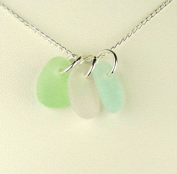 MINI Sea Glass Necklace Trio Amethyst Seafoam Green and Turquoise Rare Pastel Colors