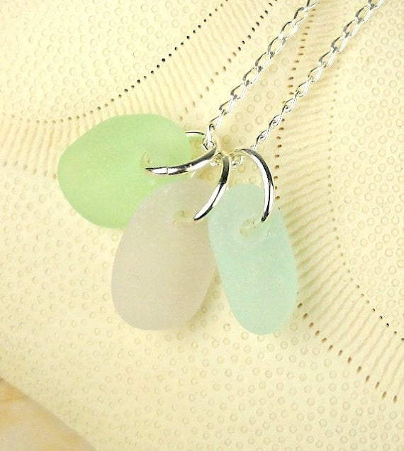 MINI Sea Glass Necklace Trio Amethyst Seafoam Green and Turquoise Rare Pastel Colors