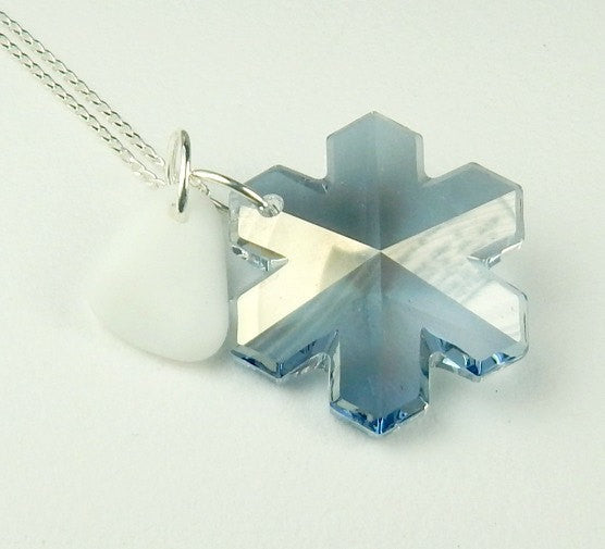 Snowflake Jewelry Swarovski Element And White Milk Glass Sea Glass Necklace