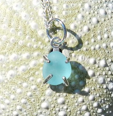 Eco Friendly GENUINE Sea Glass Jewelry In Sterling Silver Prong Aqua Beach Glass Necklace
