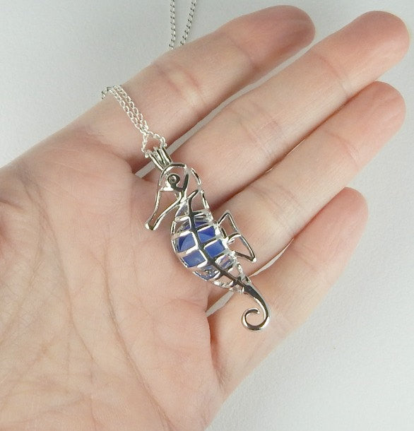 Seahorse Necklace Sea Glass Jewelry In Rare Cobalt Blue Seaglass