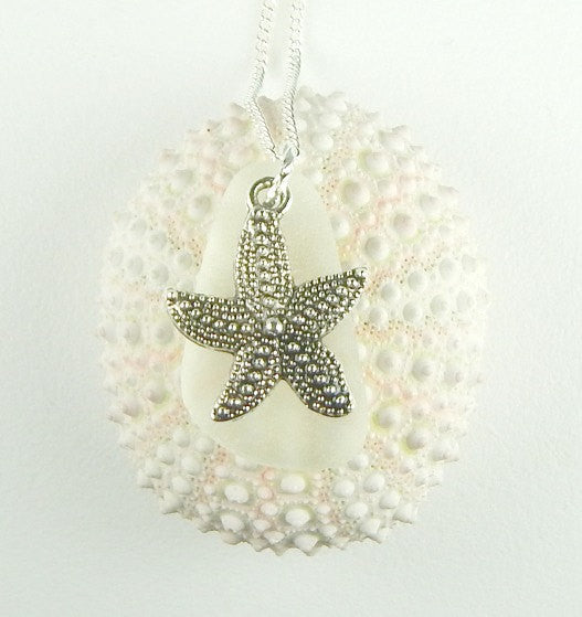 White Sea Glass Jewelry Starfish Necklace Beach Jewelry Genuine Seaglass Eco Friendly